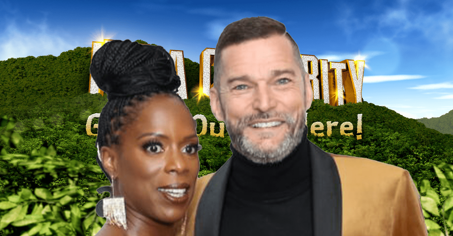 Fred Sirieix and his fiancée Fruitcake against the I'm A Celebrity logo