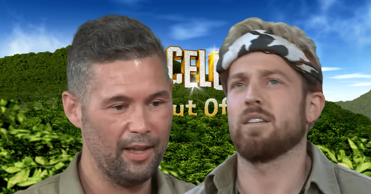 Tony Bellew and Sam Thompson against the I'm A Celebrity logo