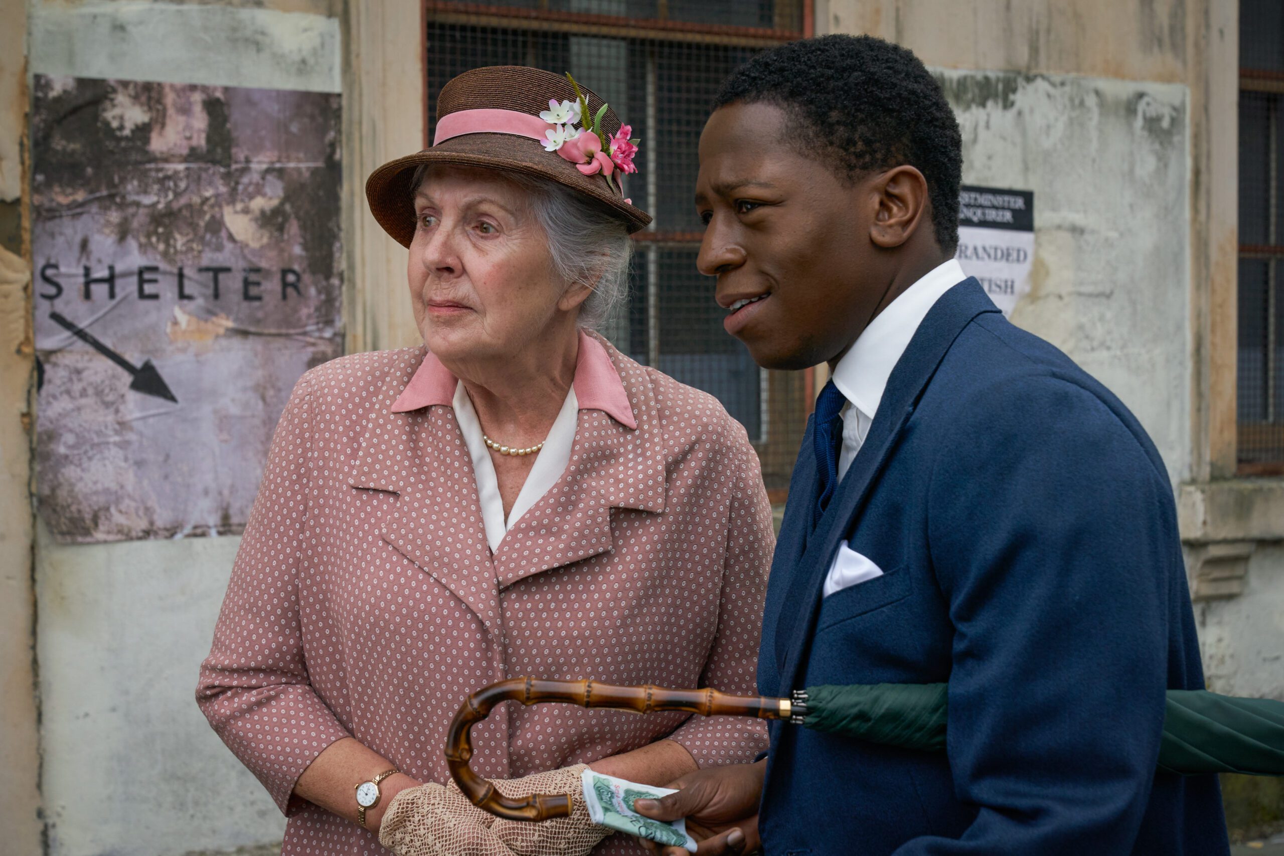 Penelope Wilton as Miss Pinkerton with David Jonsson as Luke Fitzwilliam in Agatha Christie's Murder is Easy