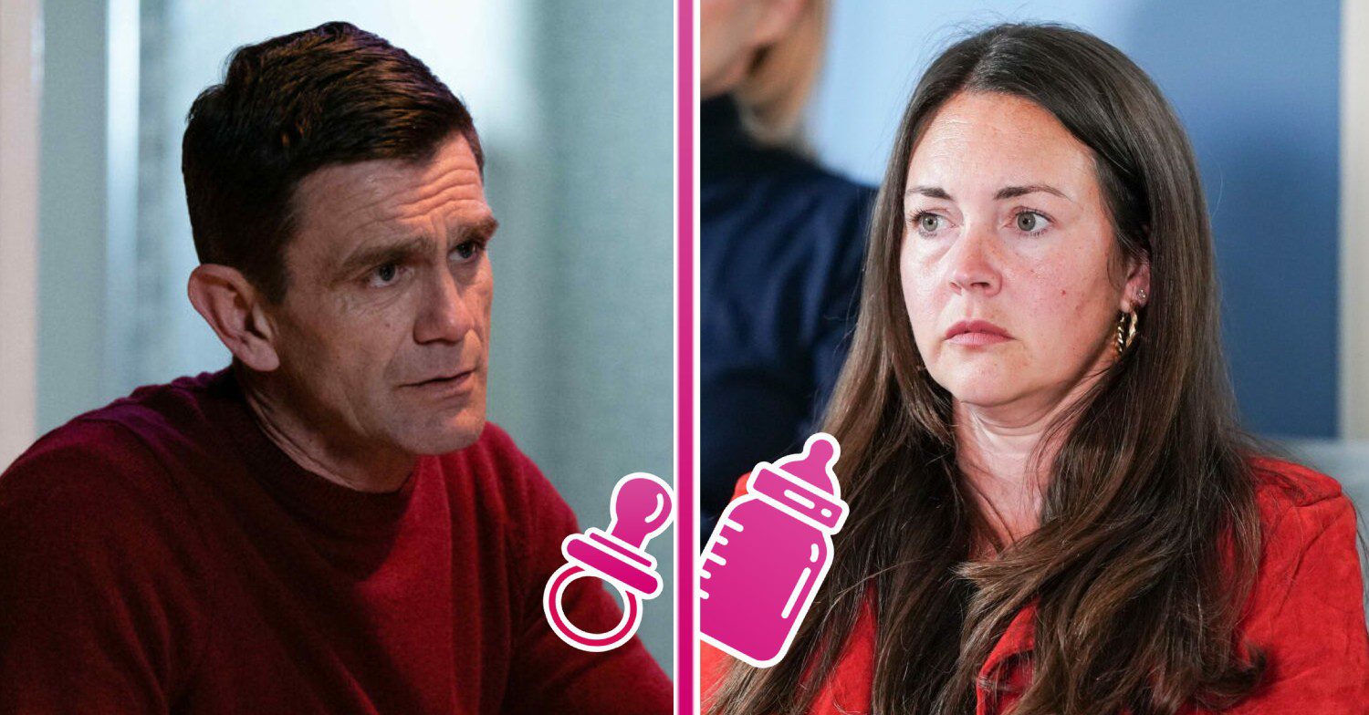Composite image of Jack and Stacey, both looking worried, with baby emoji (Credit: BBC/Composite: ED!)