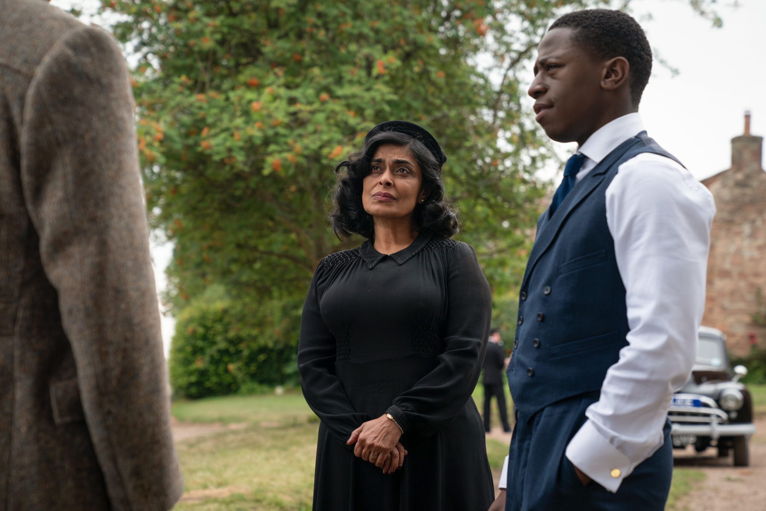 Nimra Bucha as Mrs Humbleby (left) and David Jonsson as Luke Fitzwilliam (right) in BBC One's Murder is Easy