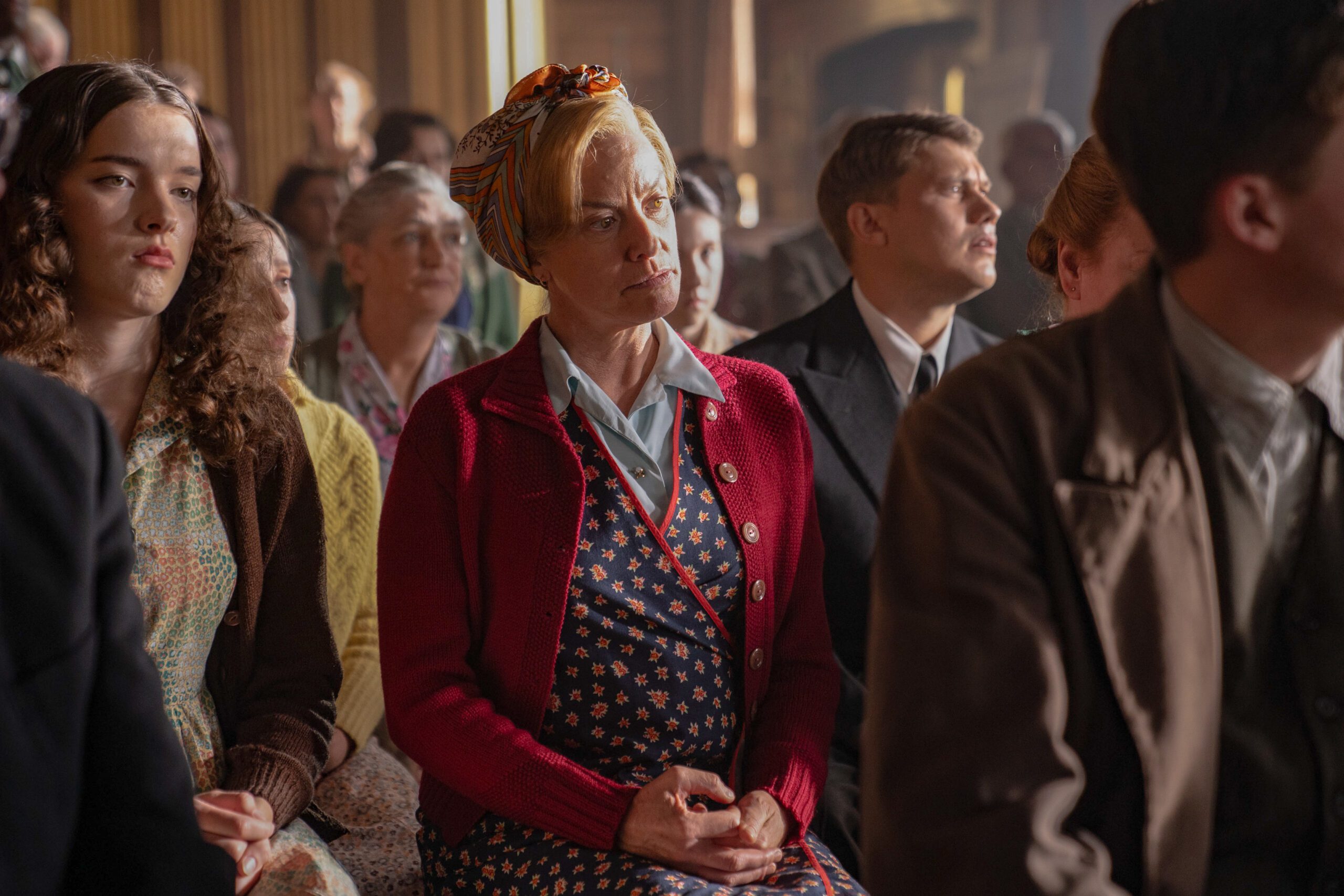 Tamzin Outhwaite as Mrs Pierce (centre) in BBC One's Murder is Easy