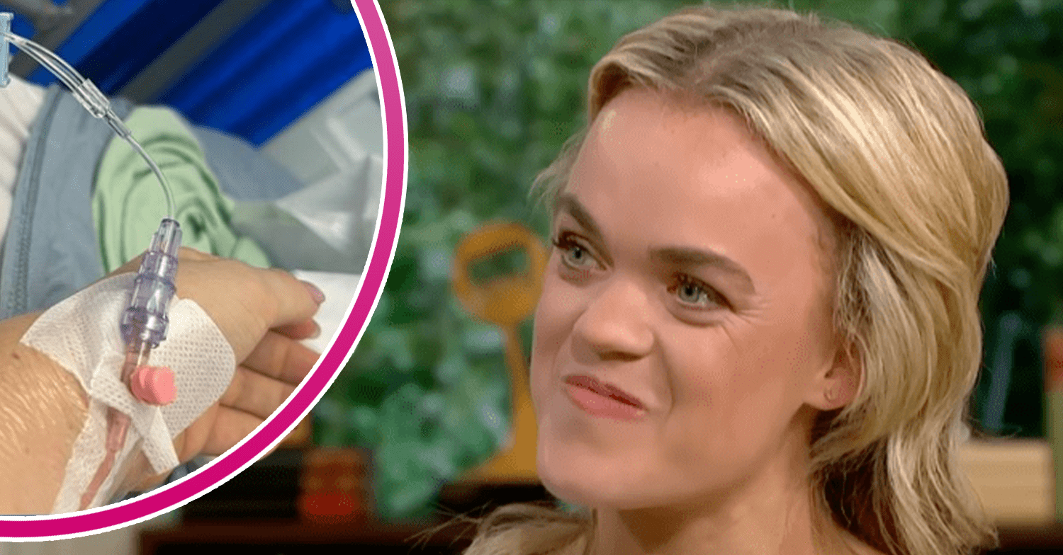Ellie Simmonds smiling and her arm hooked up to a drip