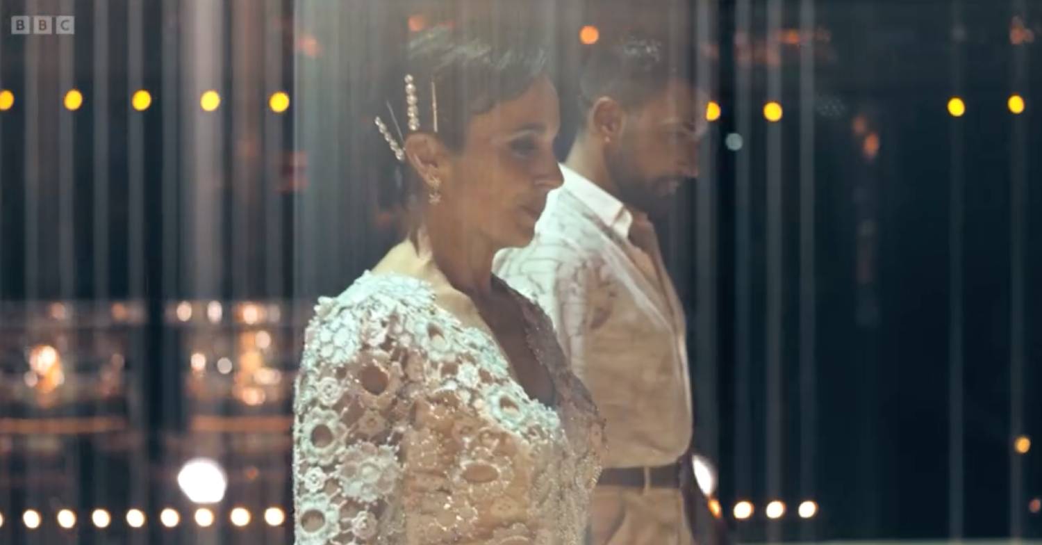 Amanda Abbington walks with Giovanni Pernice