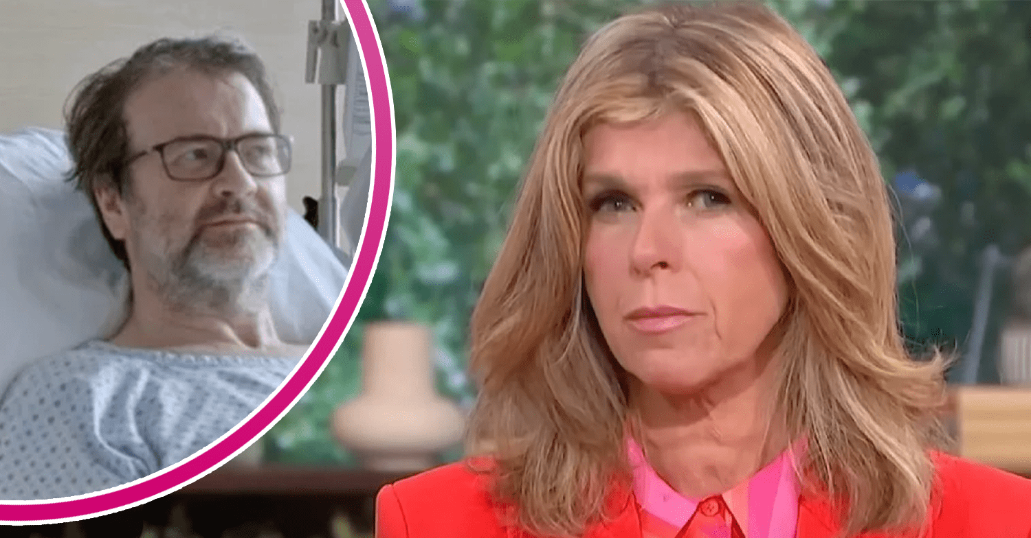 Kate Garraway looking sad and Derek in hospital