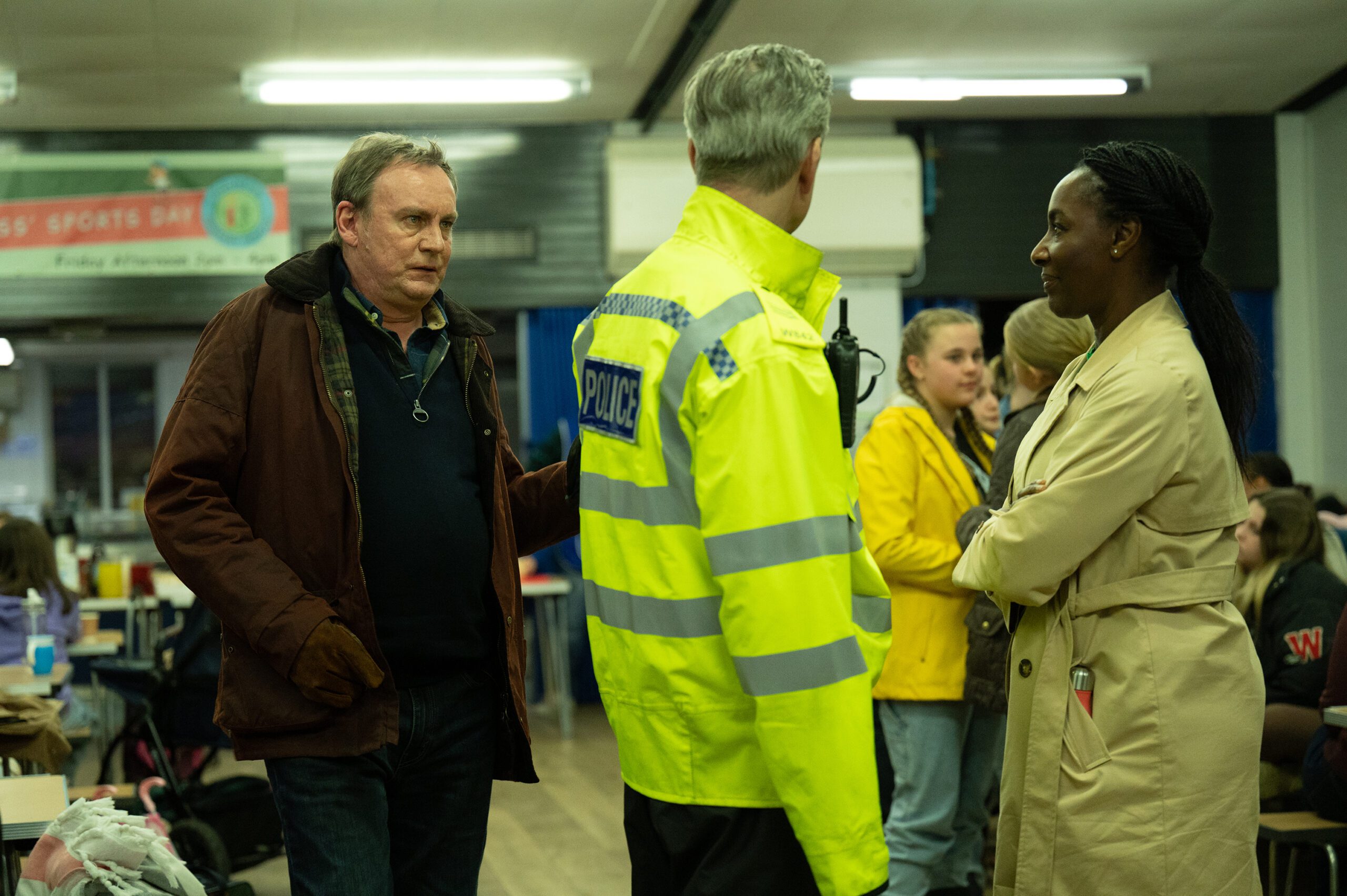 Philip Glenister (left) Nicholas Gleaves (centre) and Jacqueline Boatswain (right) in After the Flood episode one 