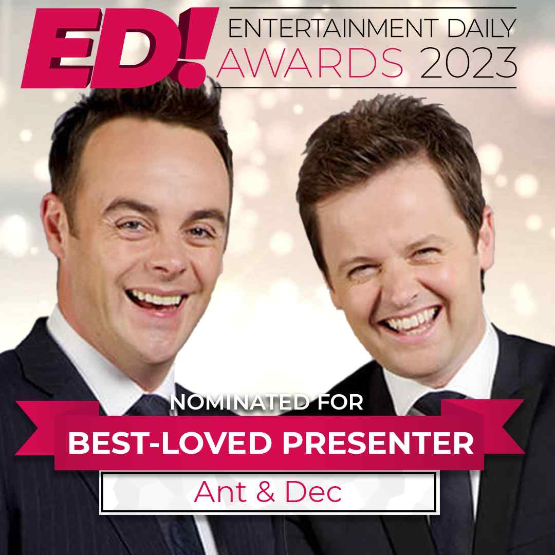 Ant and Dec laughing against a gold background