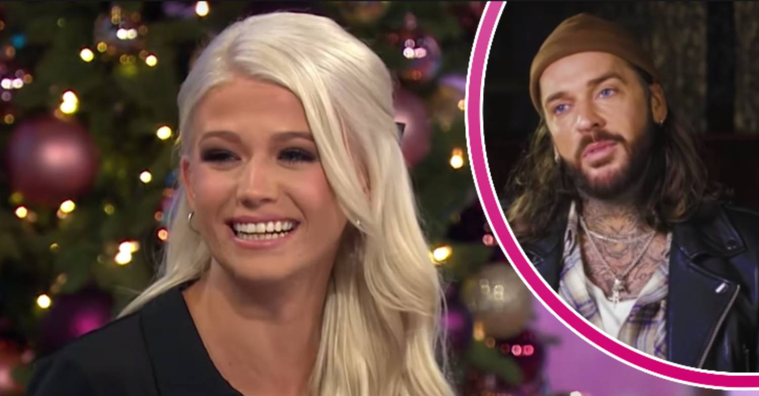 Danielle Harold smiles, Pete Wicks looks solemn