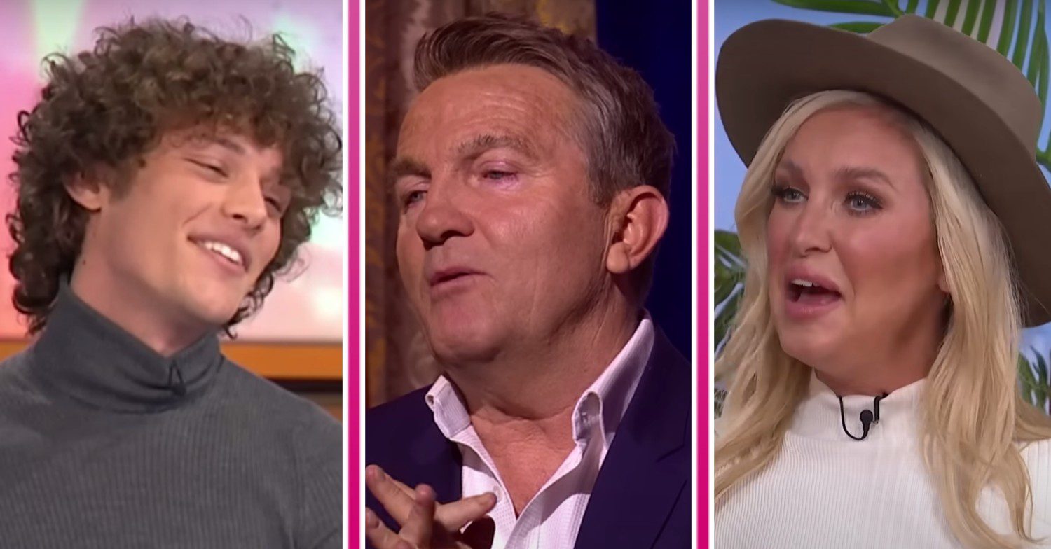 Bobby Brazier smirks, Josie Gibson speaks, and Bradley Walsh looks downwards