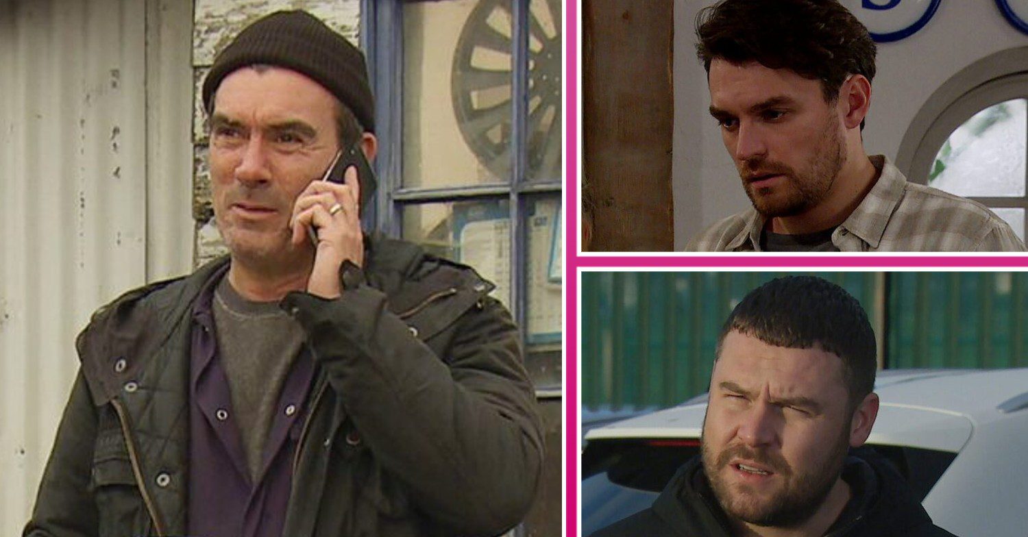 Cain on the phone in Emmerdale; inset, Aaron looking moody and Mack worried (Credit: ITV/Composite: ED!)