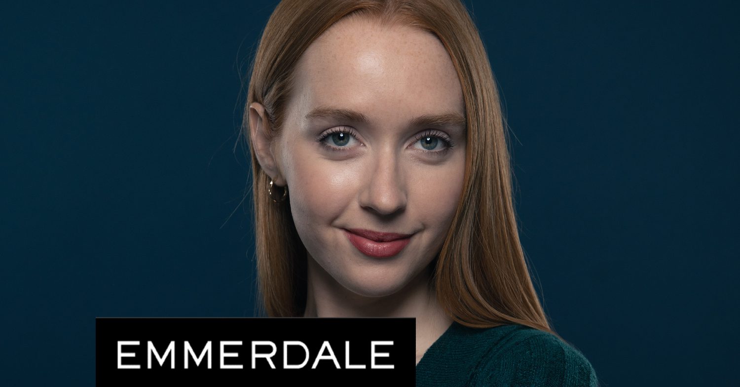 Emmerdale's Chloe, with the Emmerdale logo