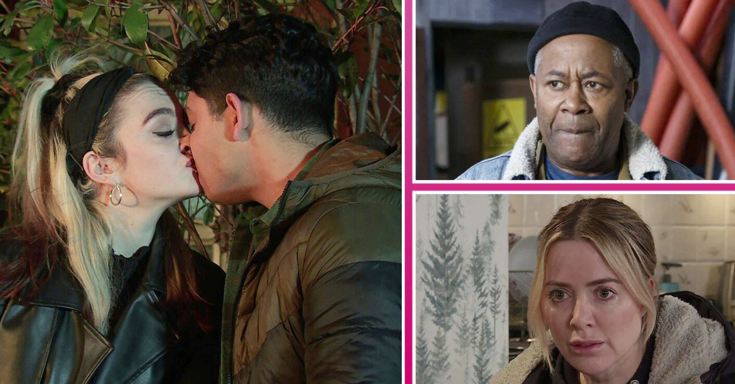 Aadi and Nina kiss; inset, Ed looks worried and Abi looks shocked (Credit: ITV/Composite: ED!)