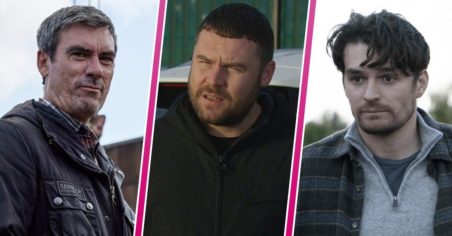 Composite of Mack, Cain and Aaron on Emmerdale, all looking moody (Credit: ITV/Composite: ED!)
