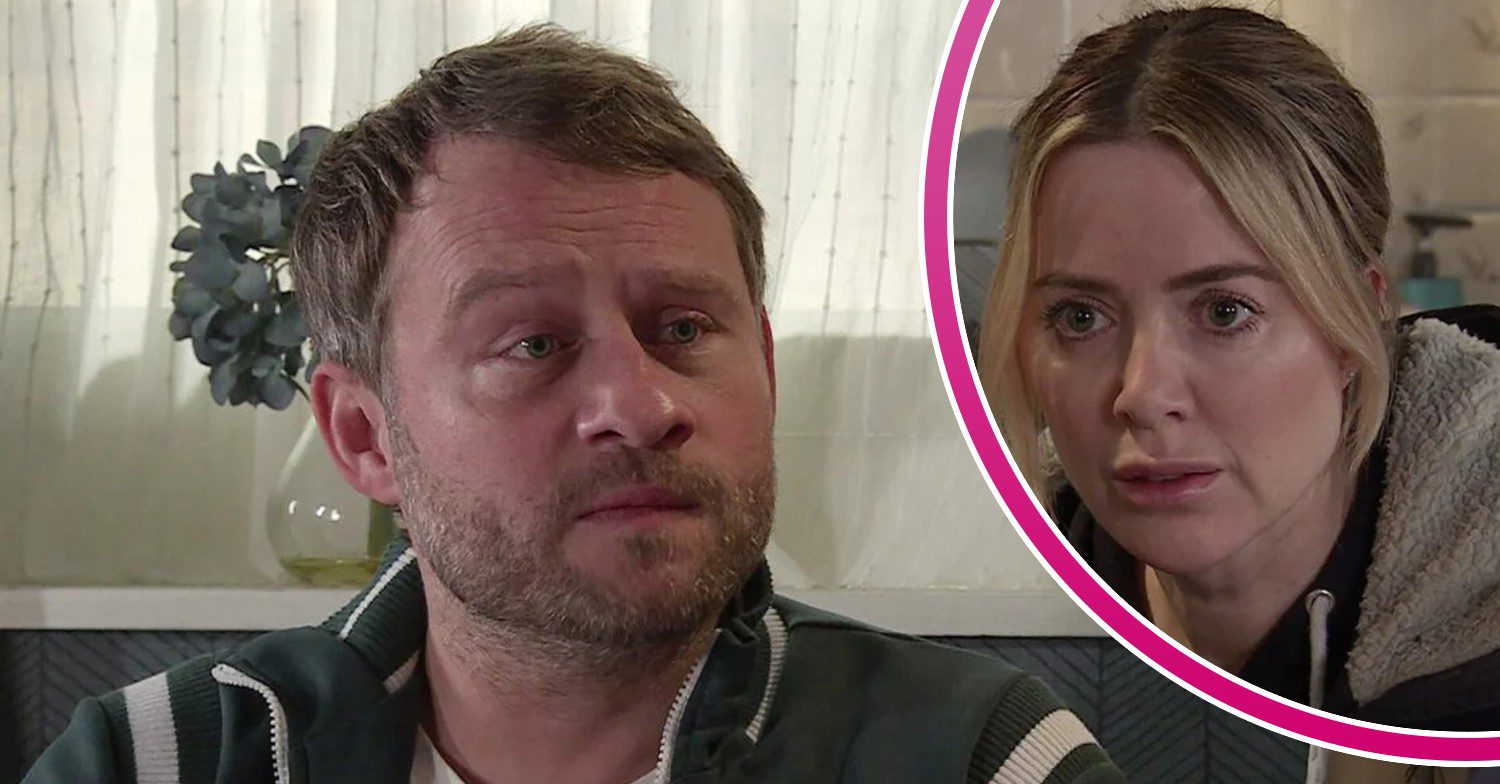 Paul looks pleading on Corrie; inset, Abi looks surprised (Credit: ITV/Composite: ED!)