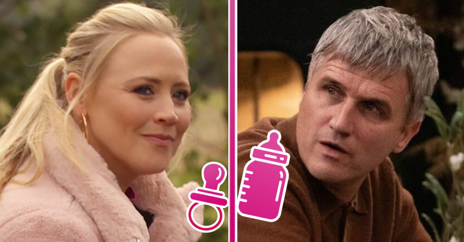 Composite image of Caleb and Tracy looking shifty on Emmerdale; inset, baby bottle emoji (Credit: ITV/Composite: ED!)