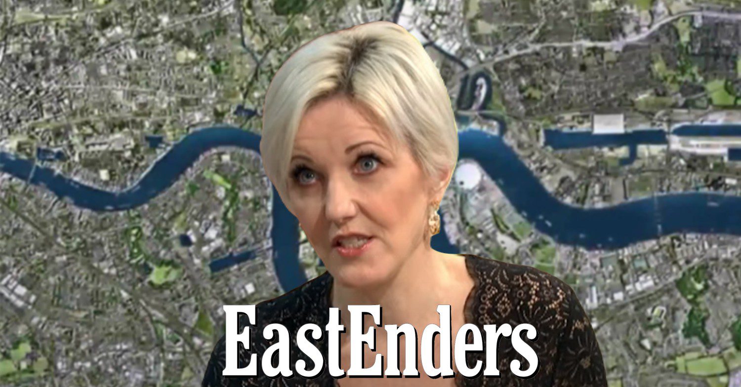 Kacey Ainsworth talking against EastEnders logo and Walford background (Credit: BBC/Composite: ED!)