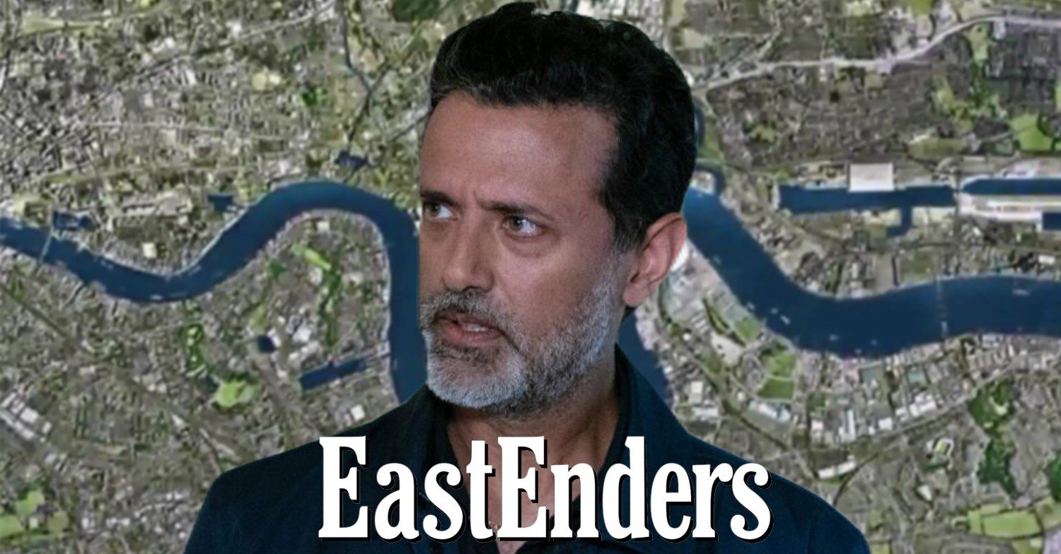 Nish on EastEnders against Walford background and logo (Credit: BBC/Composite: ED!)
