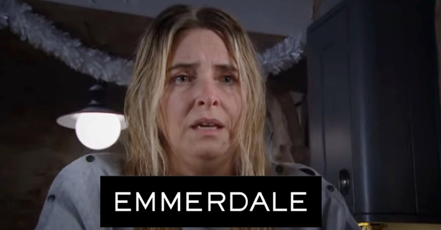 Charity looking worried on Emmerdale, inset, soap logo (Credit: ITV/Composite: ED!)