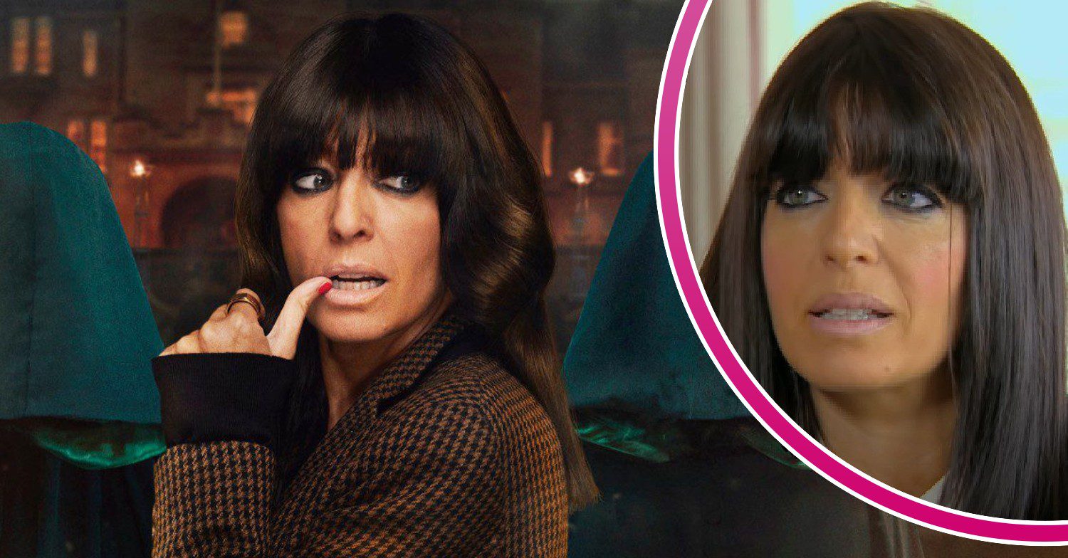 Claudia Winkleman as host of The Traitors; inset, looking worried (Credit: BBC/ITV/Composite: ED!)