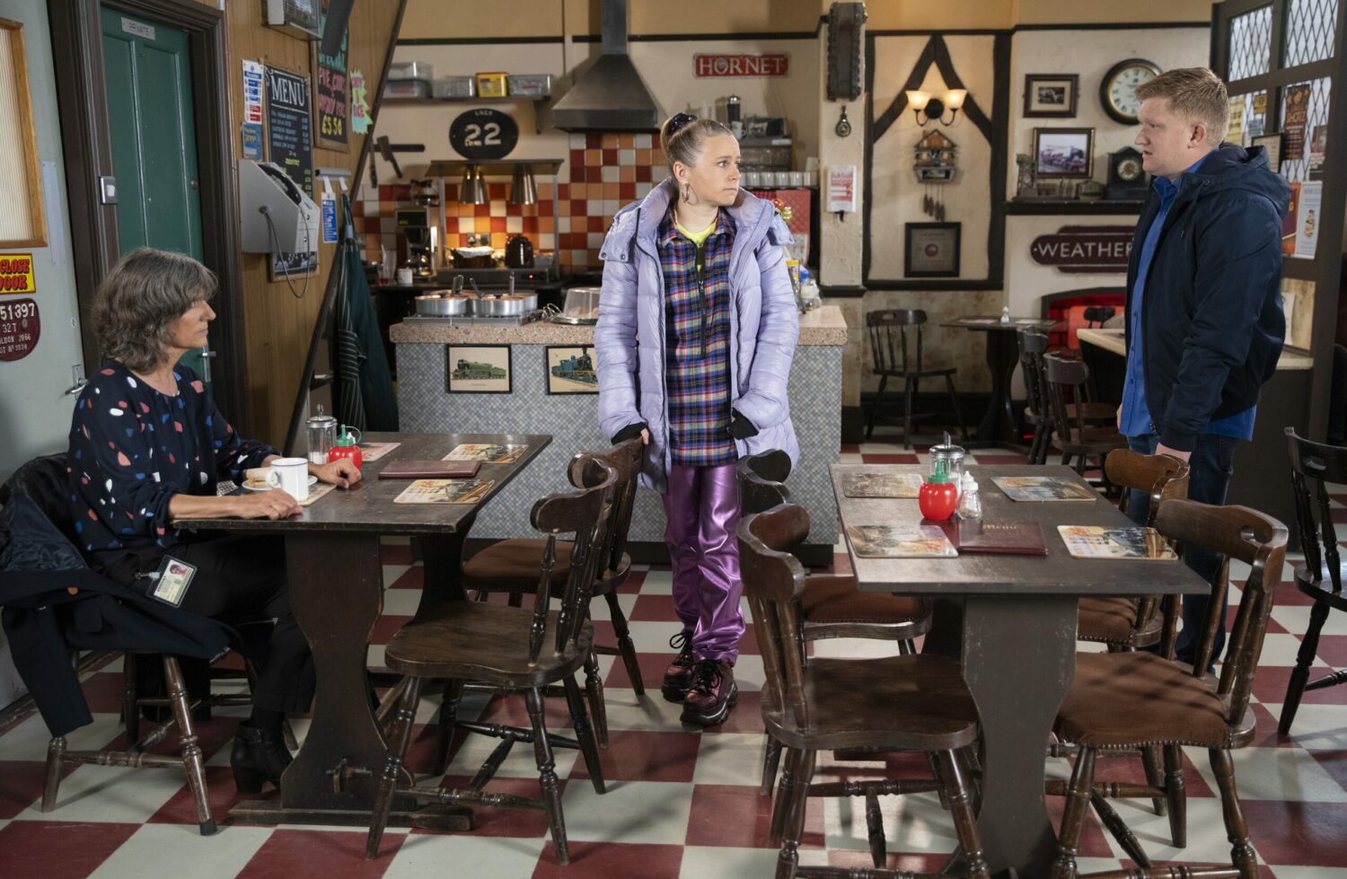 Corrie: Dr Gaddas, Gemma and Chesney argue in the cafe