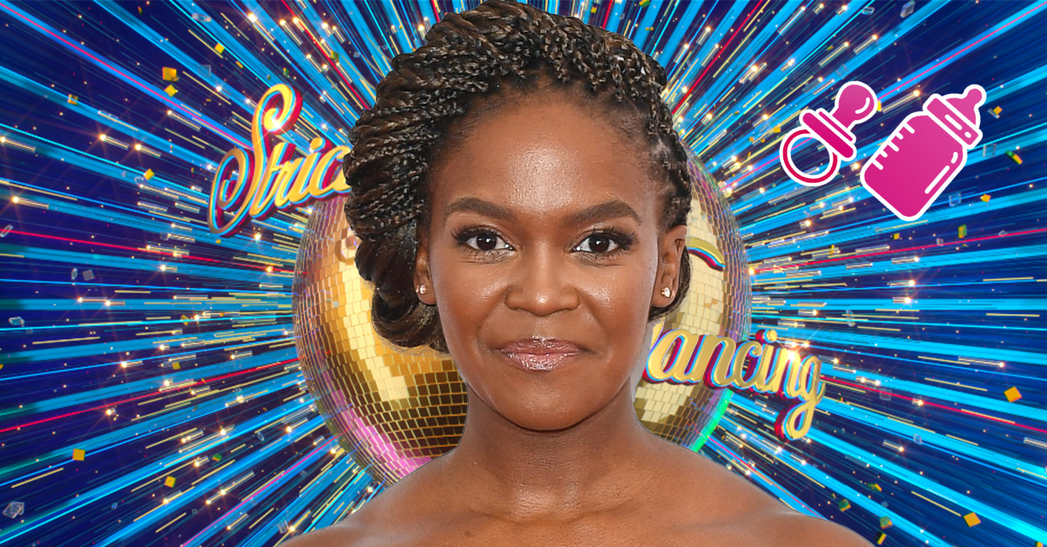 Oti Mabuse smiling against the Strictly logo