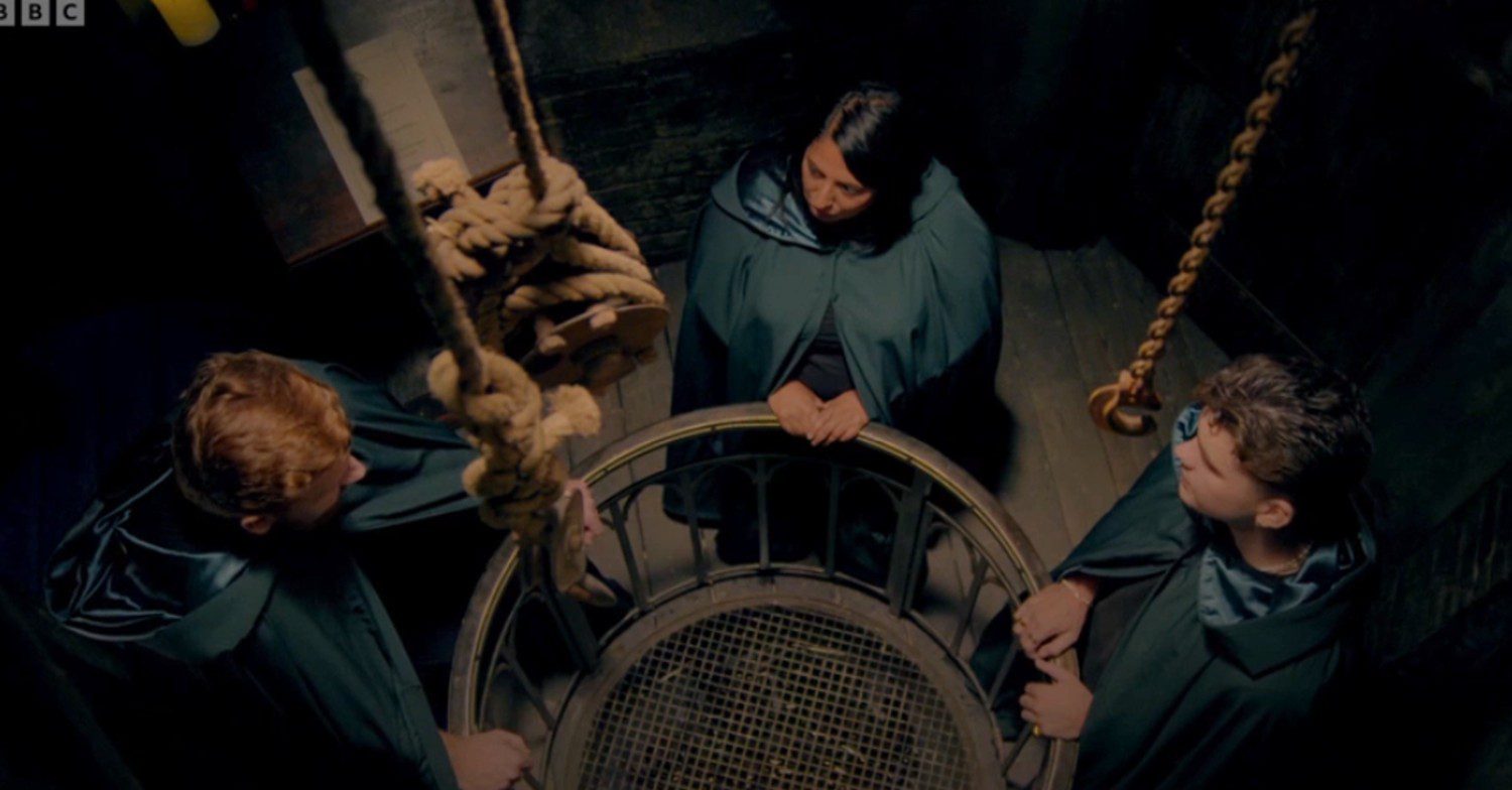 Paul, Ash and Harry gathering on The Traitors