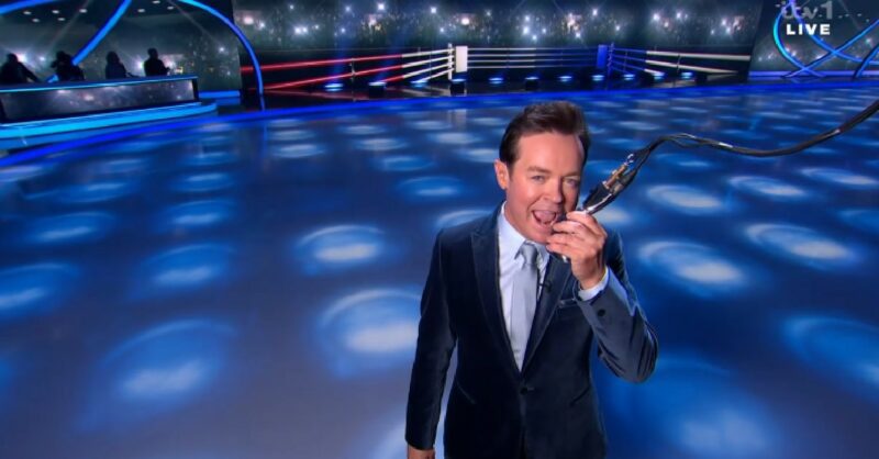 Stephen Mulhern speaking into a microphone on Dancing On Ice