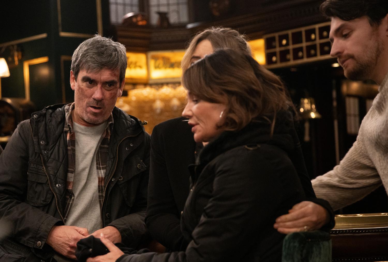 Emmerdale's Cain, Aaron, Charity and Mack are in the pub together