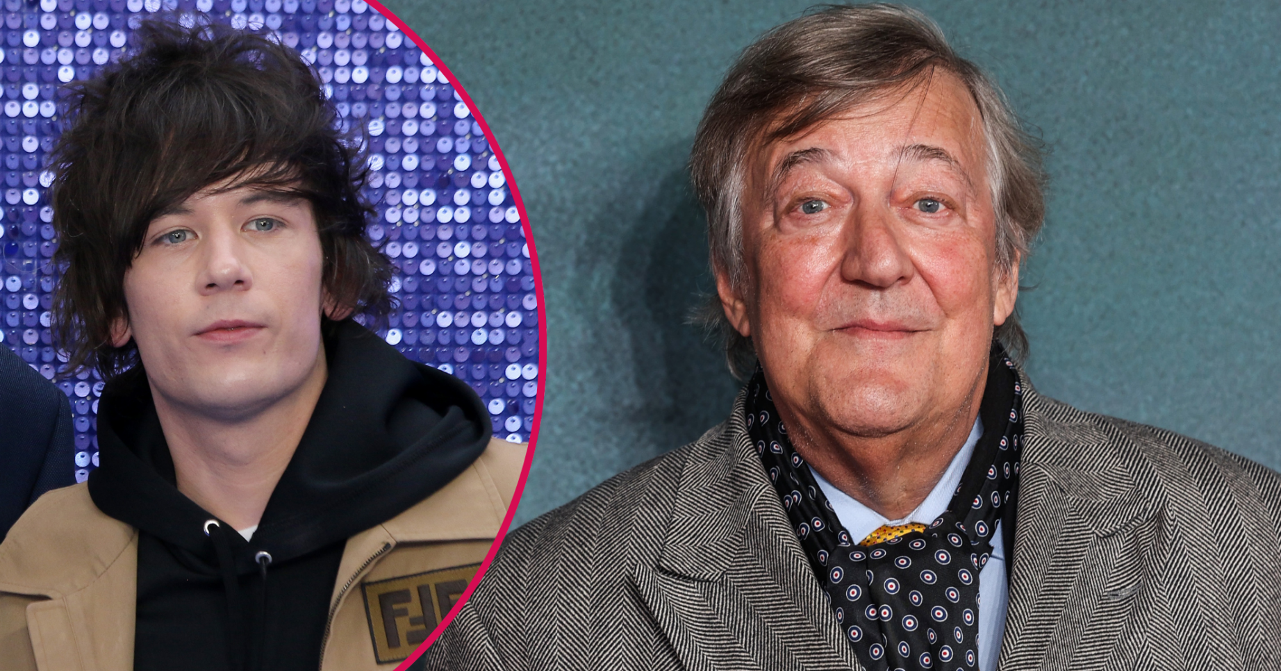 Stephen Fry smiling in a tweed coat and his husband inset