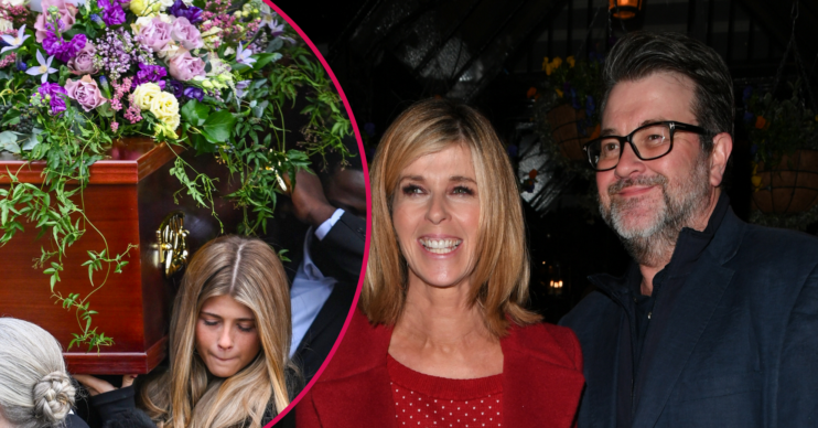 Kate Garraway and Derek and Darcey carrying his coffin