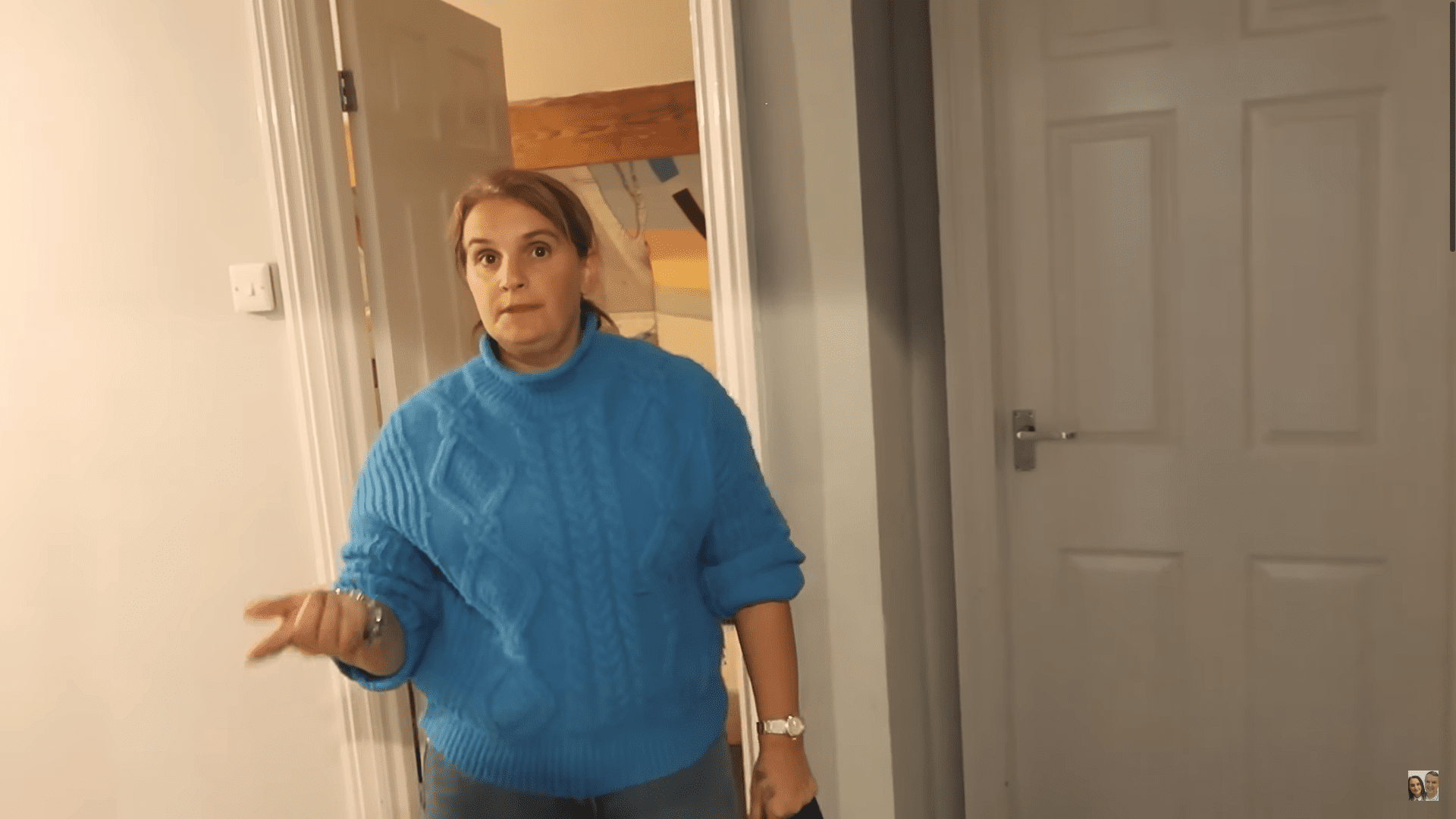 Sue Radford wearing a blue chunky jumper