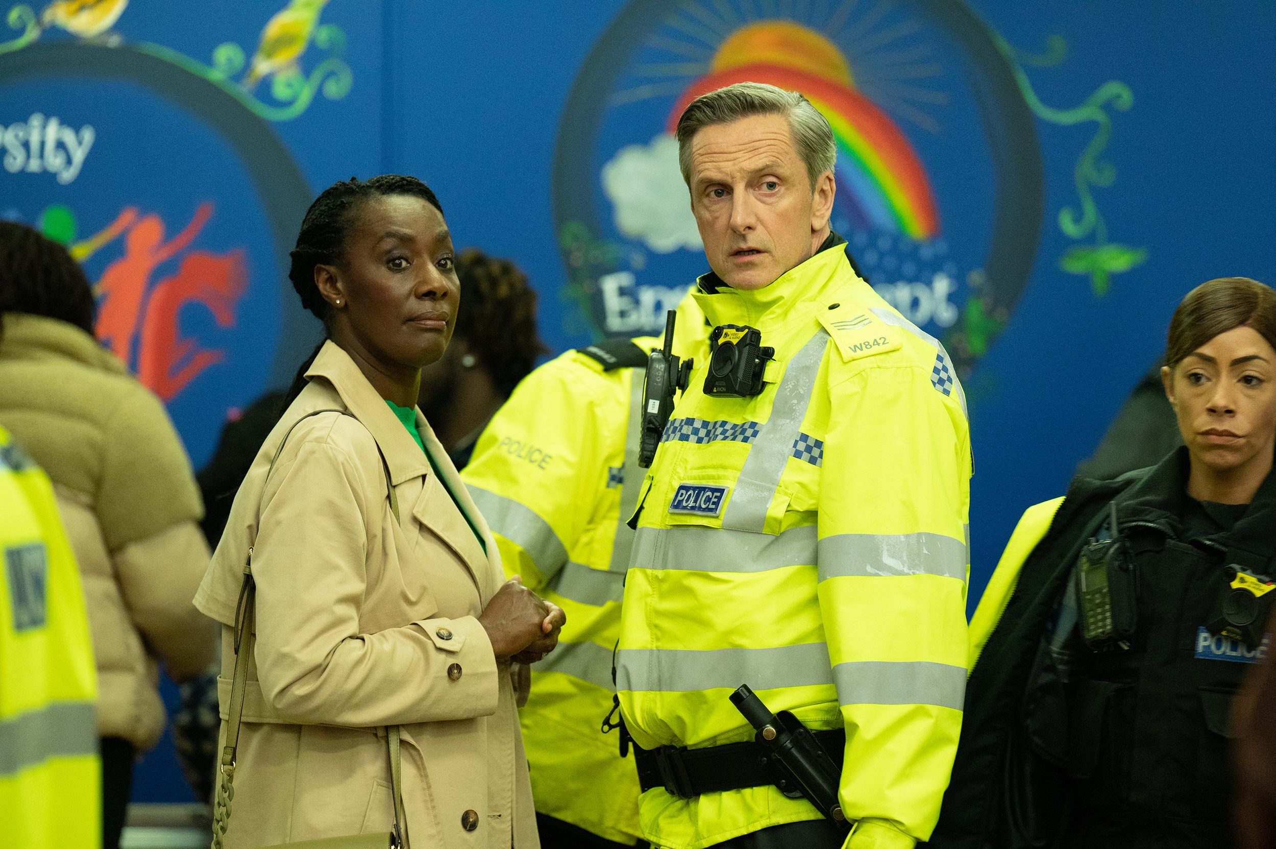 Nicholas Gleaves as Sergeant Phil Mackie with Jacqueline Boatswain as his wife Sarah Mackie in After the Flood
