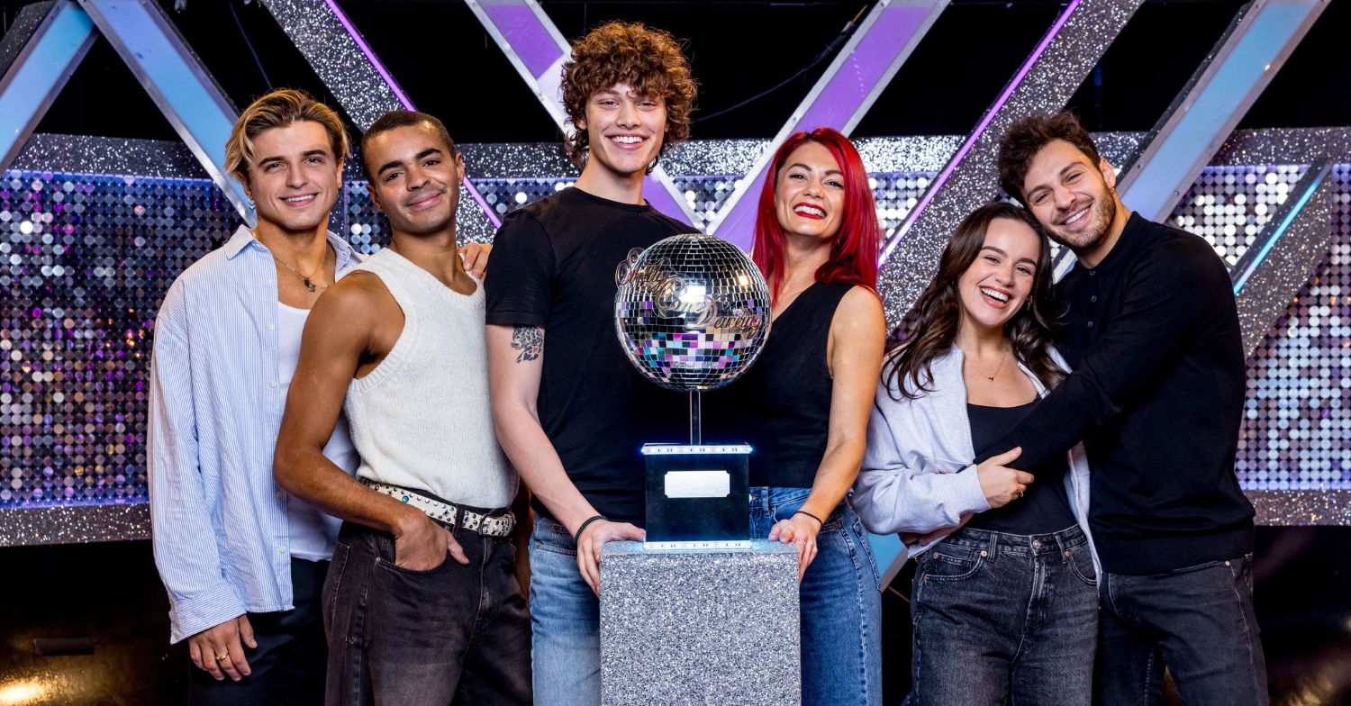 Layton and Nikita, Bobby and Dianne, and Ellie and Vito posing in front of the glitterball trophy