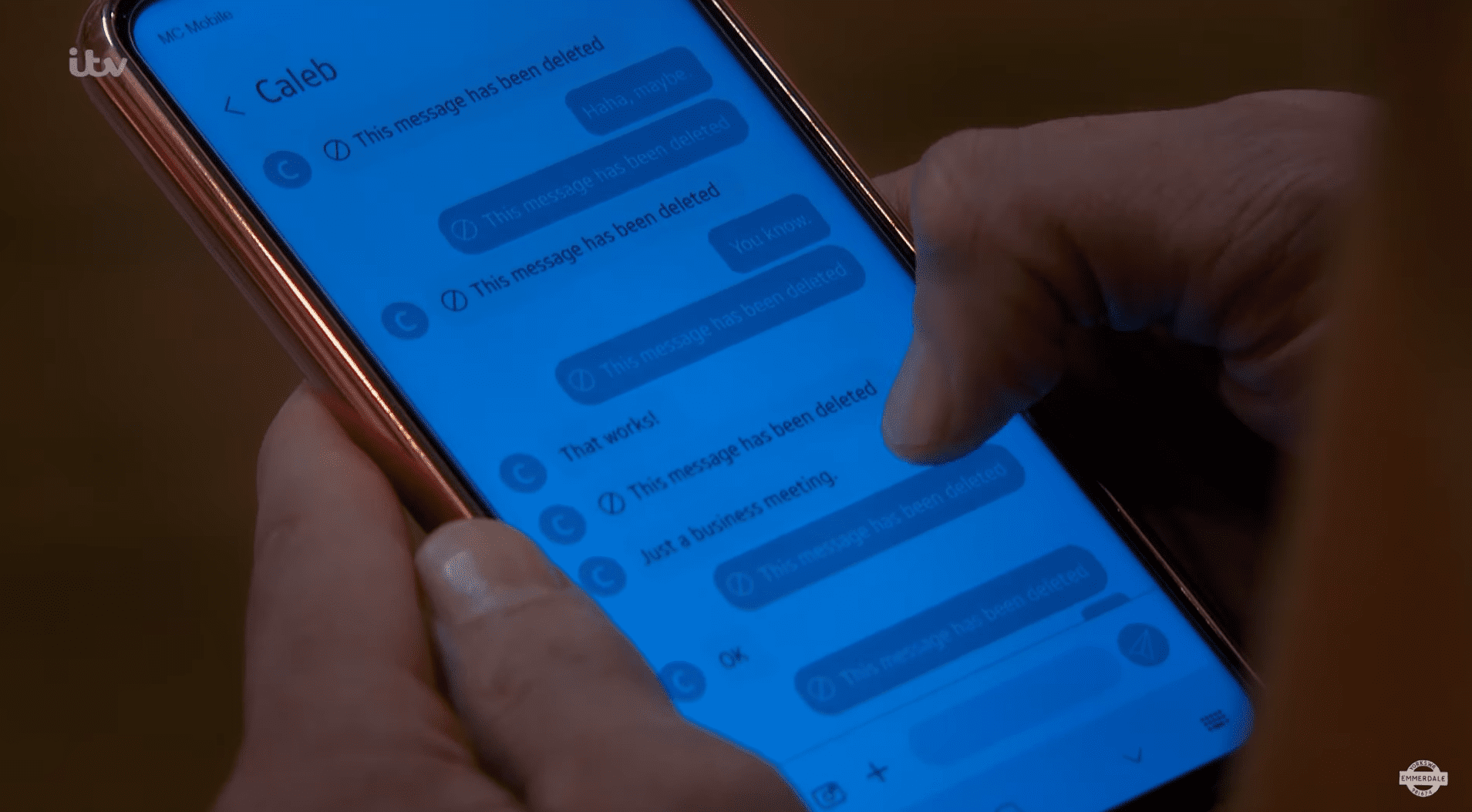 Nate in Emmerdale looks at text messages that say deleted