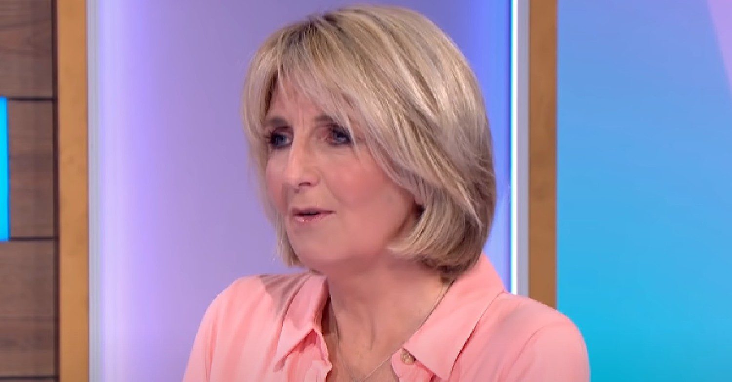 Kaye Adams wearing pink and talking on Loose Women