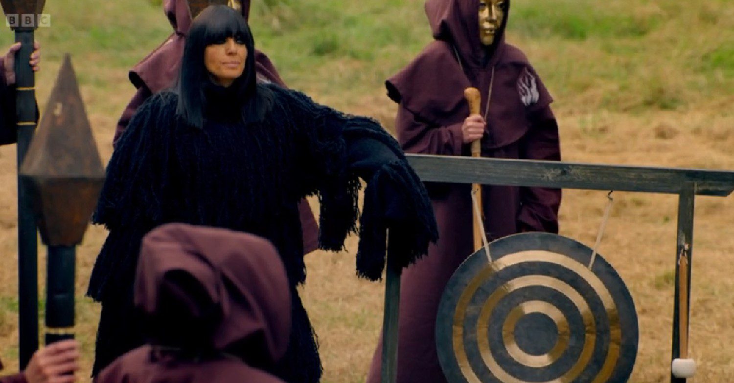 Claudia Winkleman pointing on The Traitors