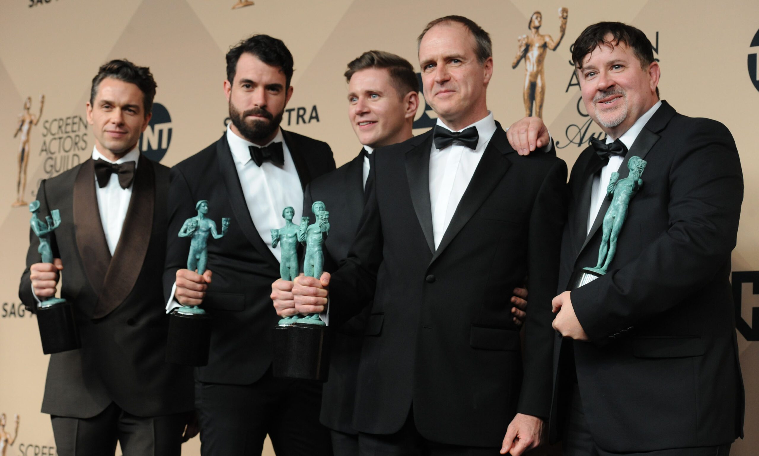Julian Ovenden, Tom Cullen, Allen Leech, Kevin Doyle, and Jeremy Swift, co-winners of the Outstanding Performance by an Ensemble in a Drama Series award for 'Downton Abbey,' in the press room during the 22nd Annual Screen Actors Guild Awards in 2016 