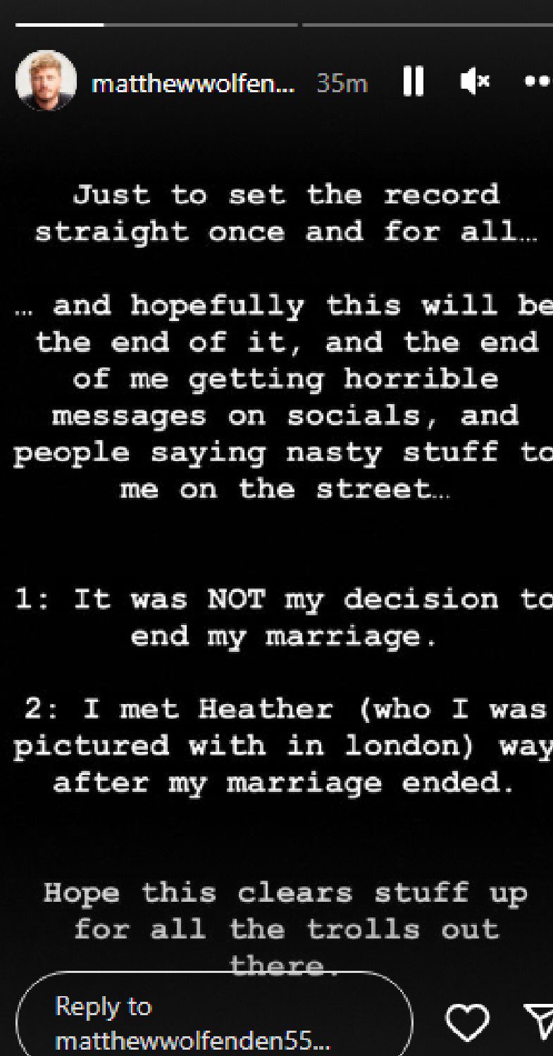 Matthew Wolfenden shares statement on new girlfriend