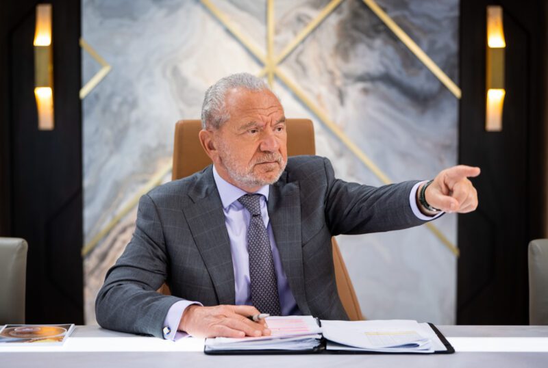 Lord Alan Sugar pointing his finger as he fires a candidate