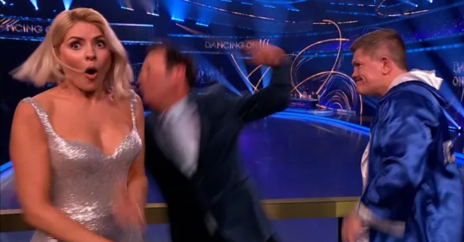 Ricky Hatton punching Stephen Mulhern while Holly Willoughby looked shocked