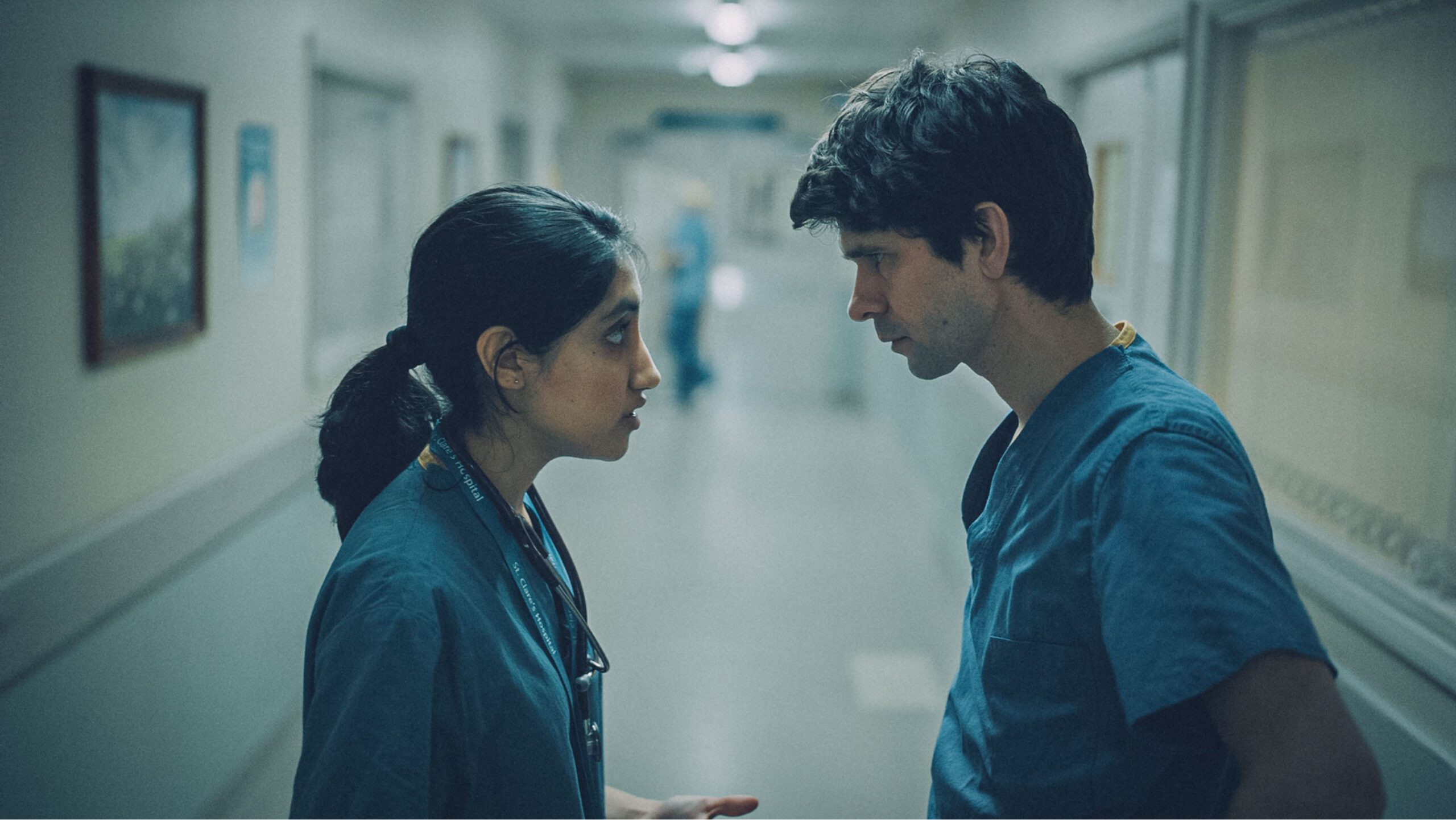 Ambika Mod and Ben Whishaw having a conversation in character as Shruti and Adam in This is Going to Hurt