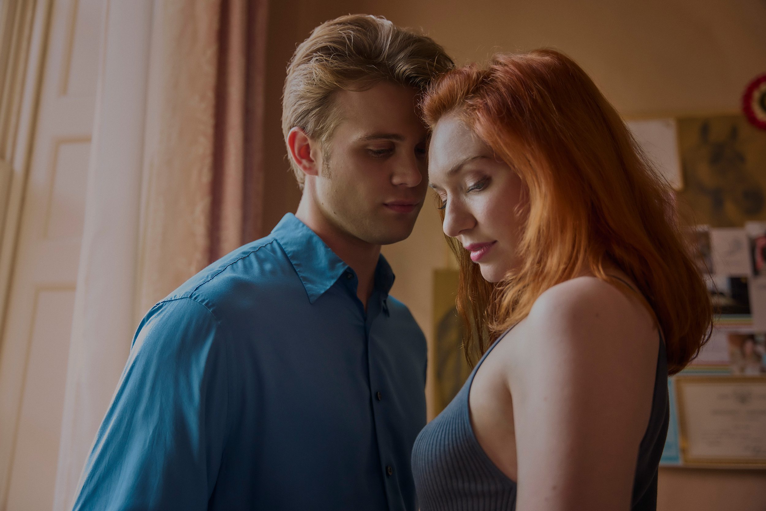 Eleanor Tomlinson and Leo Woodall in character as couple Dexter and Sylvie on One Day