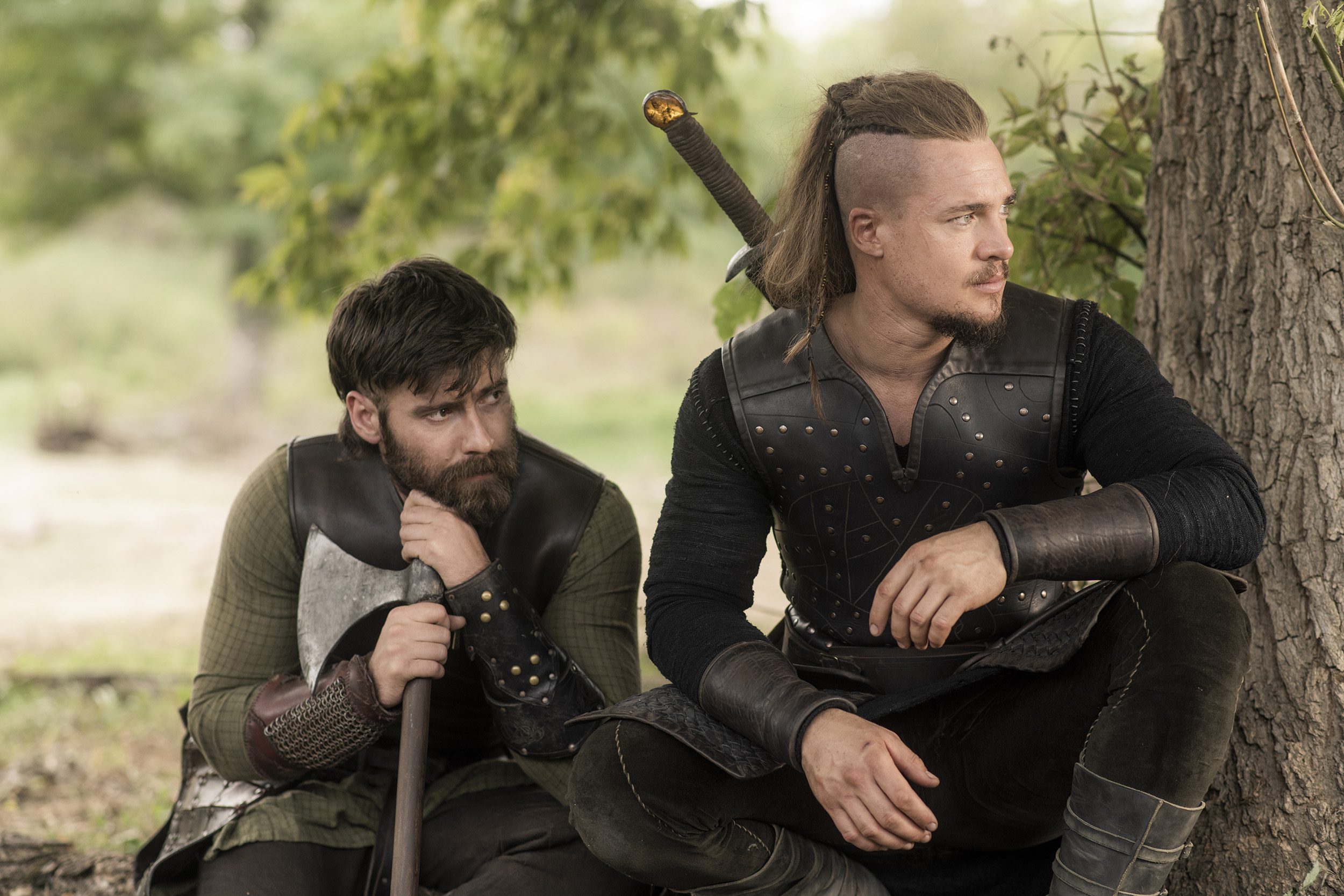 Mark Rowley, from the Netflix cast of One Day, as Finan and Alexander Dreymon as Uhtred in The Last Kingdom