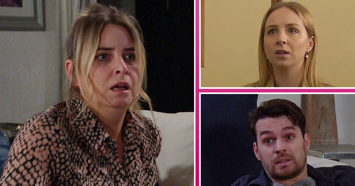 Composite image of Charity, Belle and Mack on Emmerdale, all looking shocked (Credit: ITV/Composite: ED!)