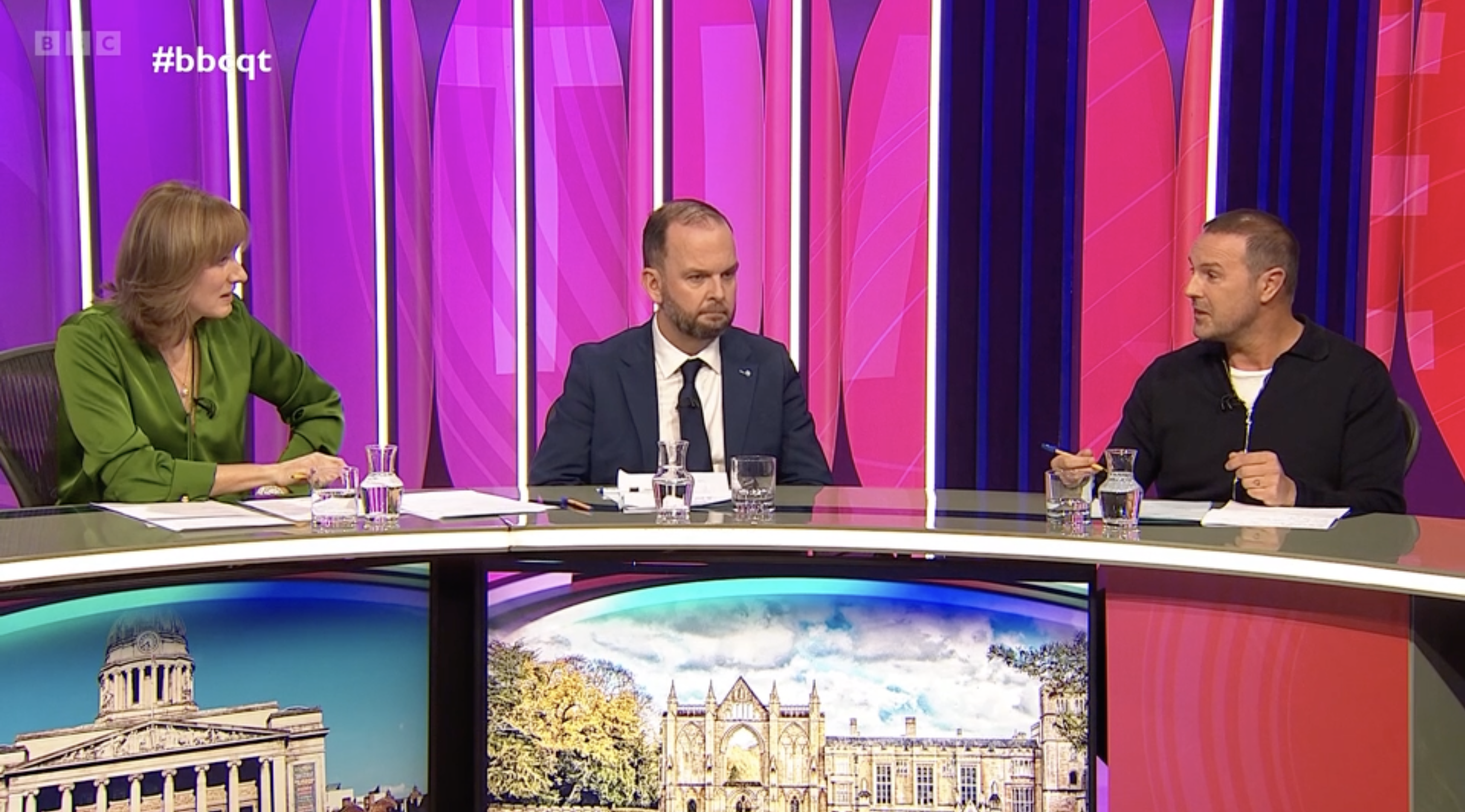 Fiona Bruce, James Daly and Paddy McGuinness on Question Time