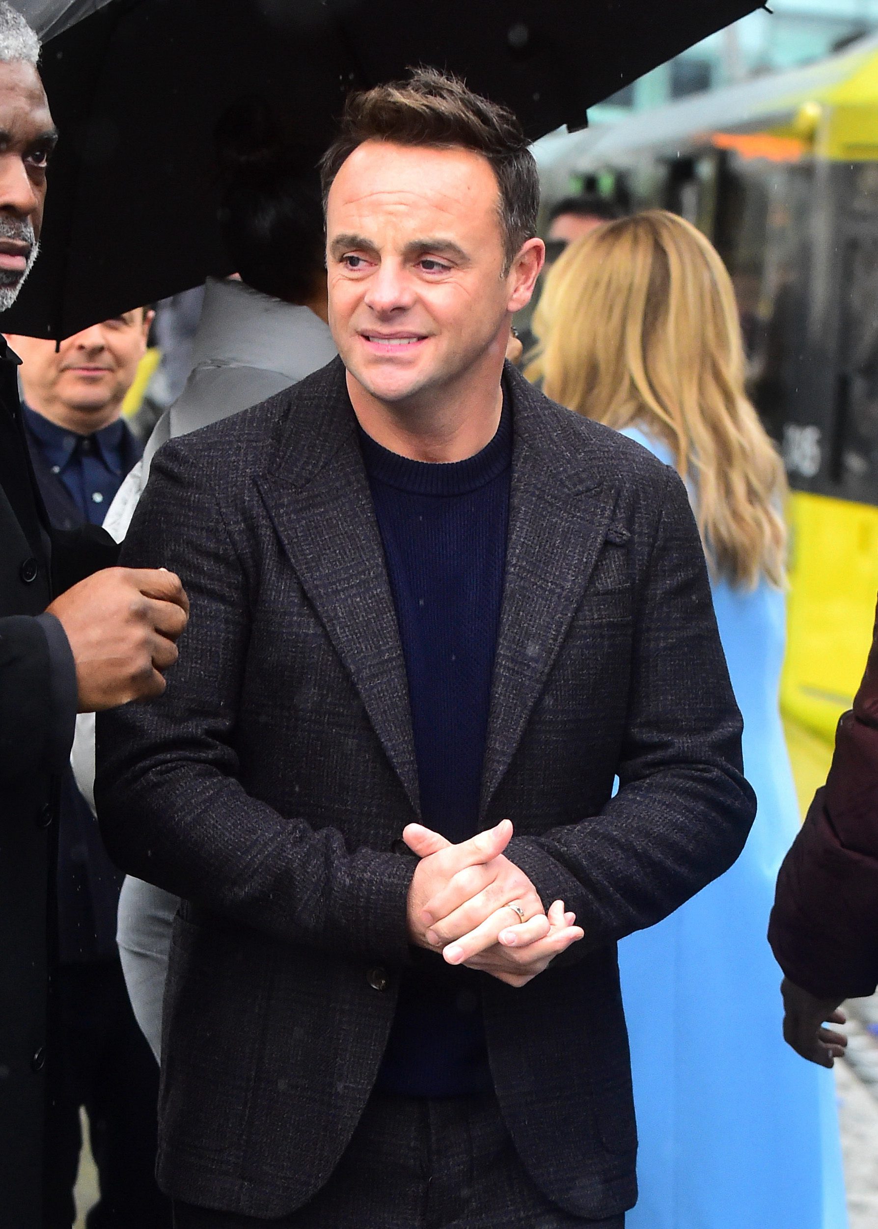 Ant McPartlin at the BGT auditions under an umbrella
