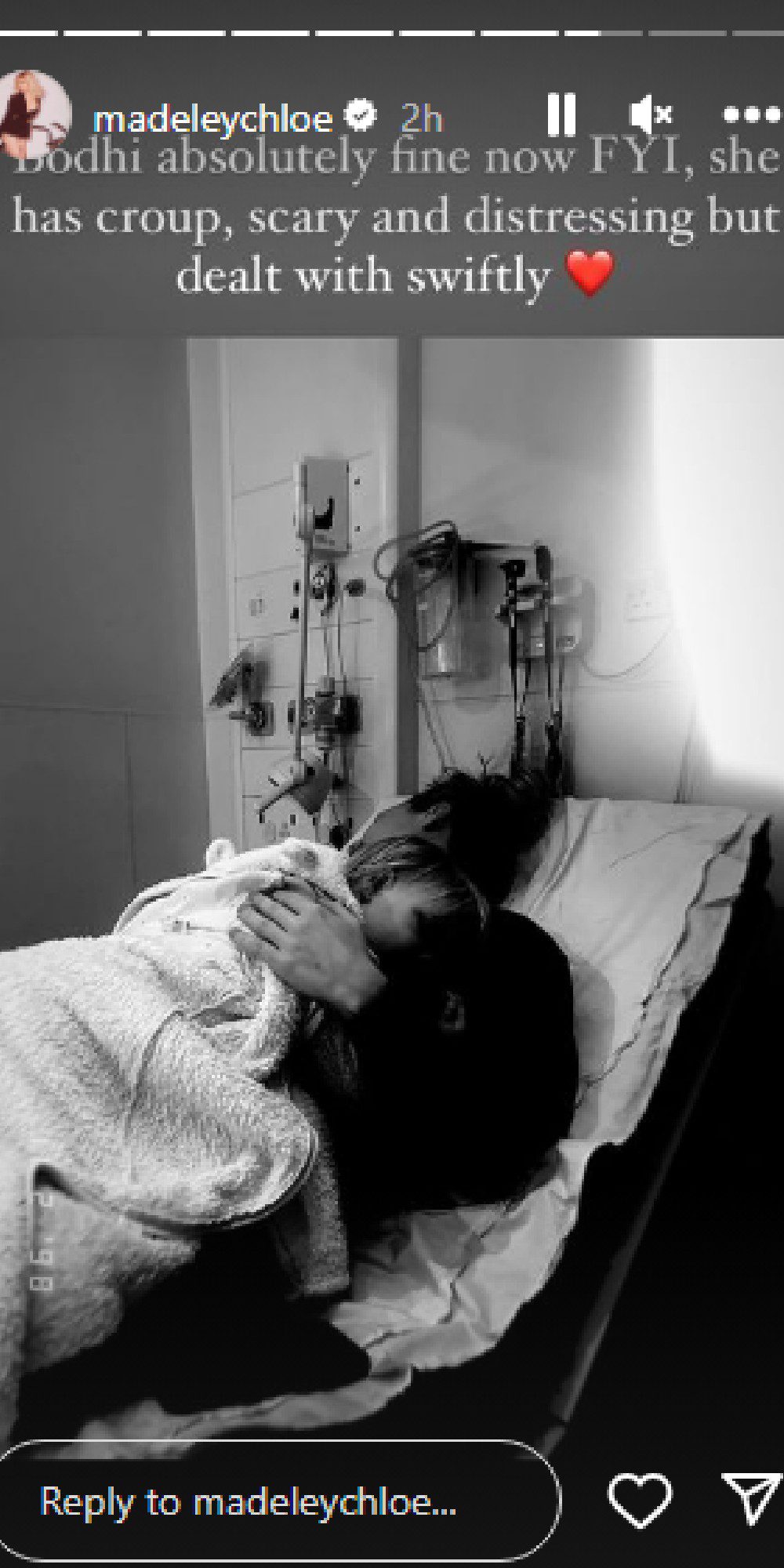 Chloe Madeley hugging daughter in hospital on Instagram
