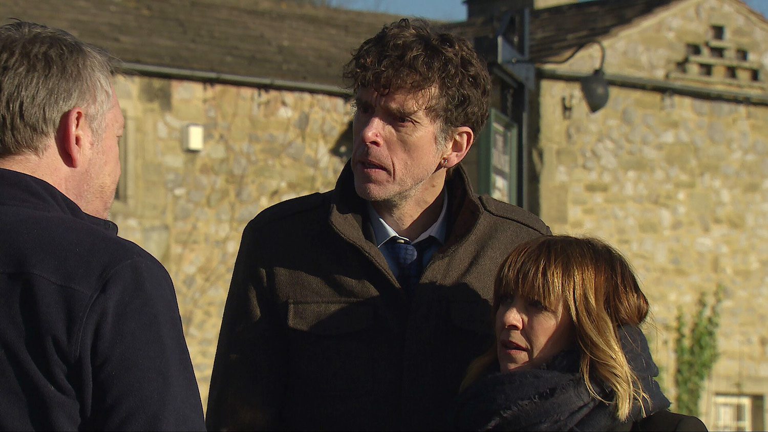 Marlon and Rhona look confused on Emmerdale