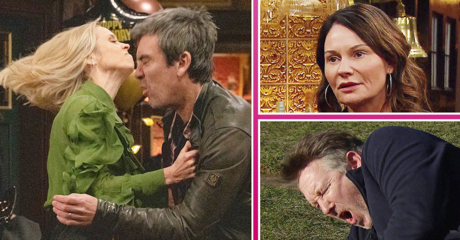 Ruby knees Cain in the groin; inset, Chas looks worried and Gus is hurt on Emmerdale (Credit: ITV/Composite: ED!)