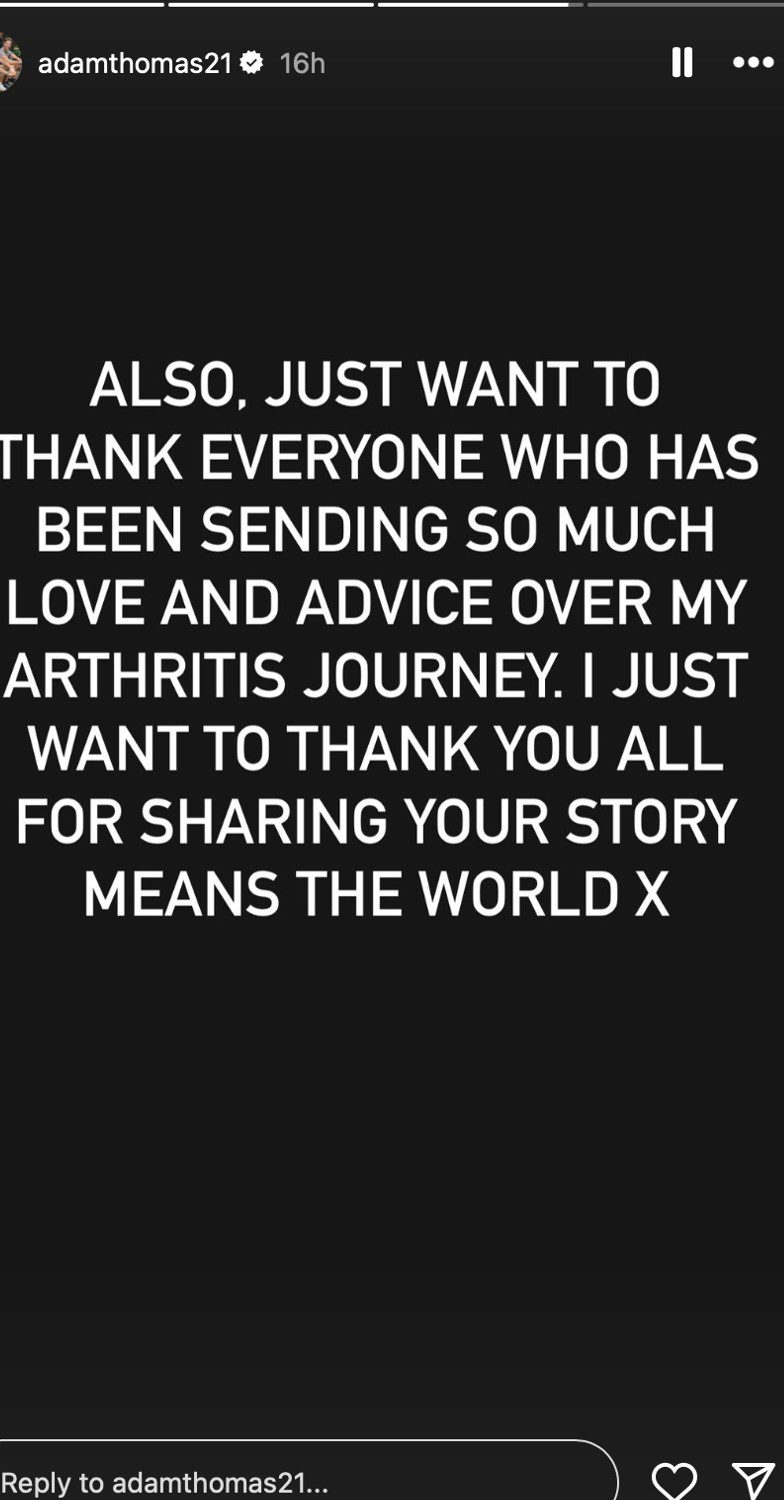 Adam Thomas wrote a message on a black screen with white font, to his Instagram stories